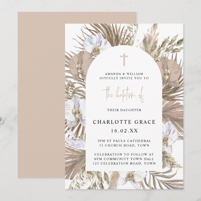Blush Pink Boho Palm Floral Arch Baptism Invitatio Invitation (Front/Back)