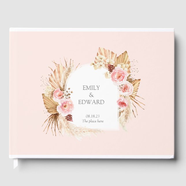 Blush Pink Boho Pampas Floral arch GUest Book (Front)