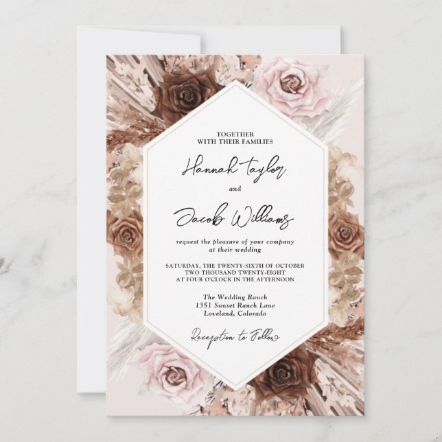 Blush Pink Boho Pampas Grass Floral Wedding Invitation (Front)