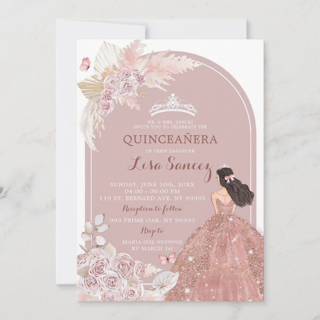 Blush Pink Boho Pampas Grass Quinceañera Invitatio Invitation (Front)