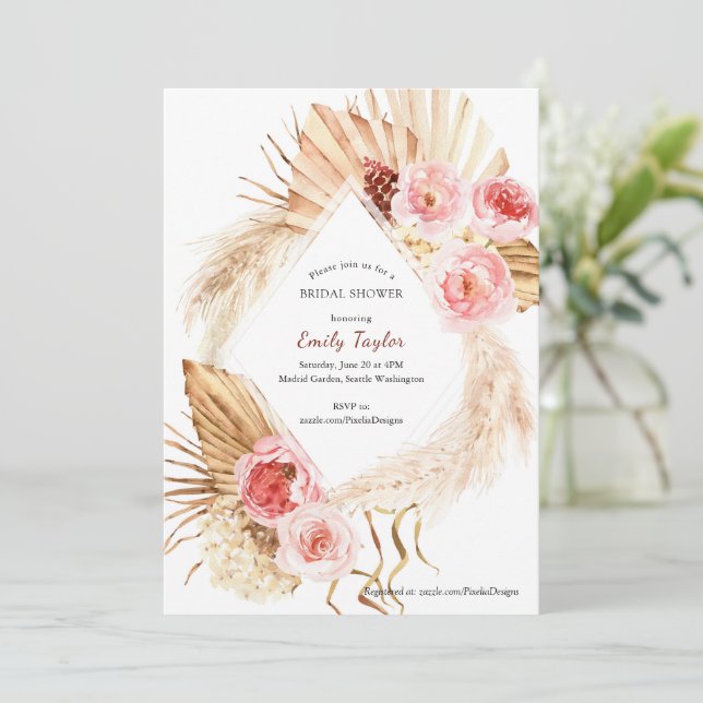 Blush Pink Boho Pampas Watercolor Floral Bridal  Invitation (Standing Front)