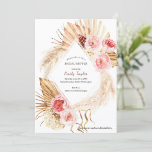 Blush Pink Boho Pampas Watercolor Floral Bridal  Invitation