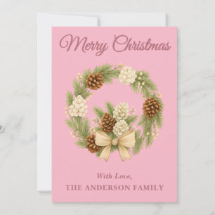 Blush Pink Boho Pine Greenery Wreath Holiday Card