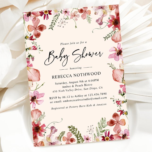 Blush Pink Boho Pressed Floral Baby Girl Shower Invitation (Creator Uploaded)