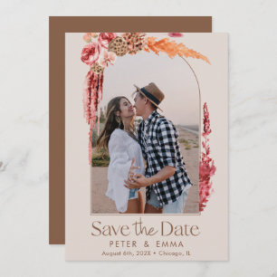Blush Pink   Boho Save the Date Pampas Grass Photo Holiday Card