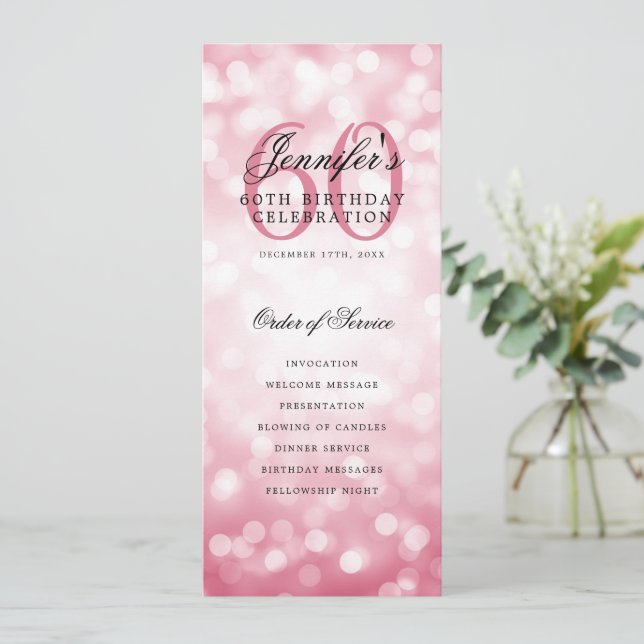 Blush Pink Bokeh 60th Birthday Program w/ Menu Invitation (Standing Front)