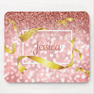 Blush Pink Bokeh Rose Gold Glitter Ribbons Name Mouse Mat