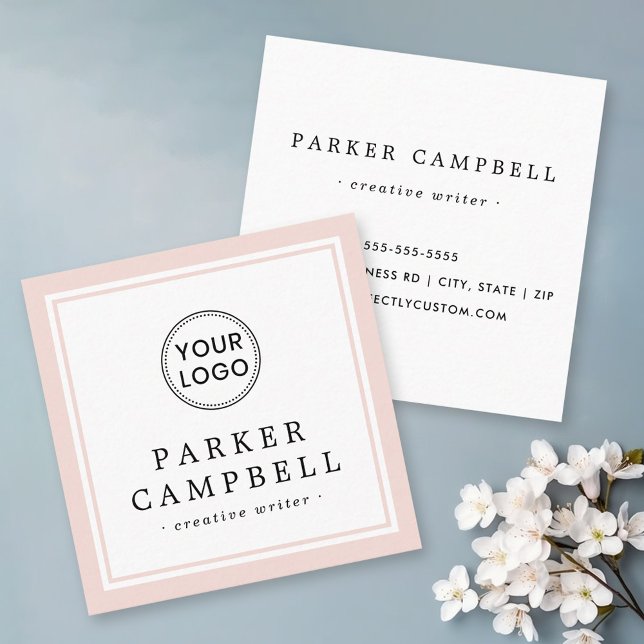 Blush pink border custom logo elegant minimalist square business card (Creator Uploaded)