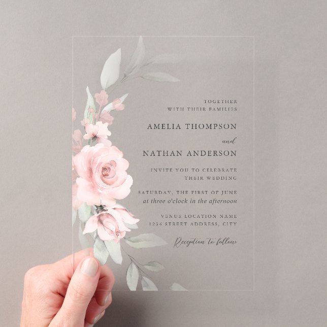 Blush Pink Botanical Floral Wedding Acrylic Invitations (Insitu (Handheld))