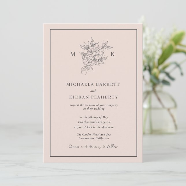 Blush Pink Botanical Flower Monogram Wedding  Invitation (Standing Front)