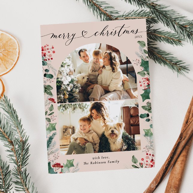 Blush Pink Botanical Photo Merry Christmas Card  (Creator Uploaded)