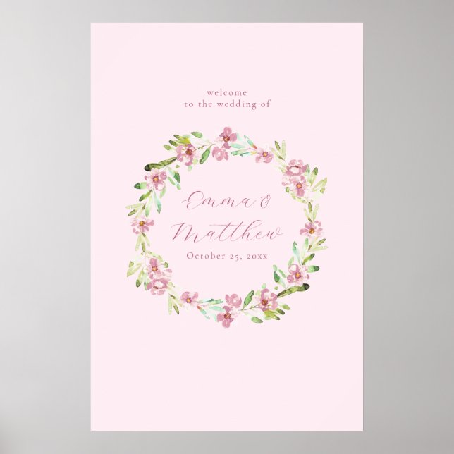 Blush Pink Botanical Wreath Wedding Welcome Sign (Front)