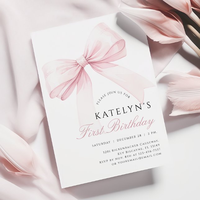 Blush Pink Bow 1st Birthday Invitation (Creator Uploaded)