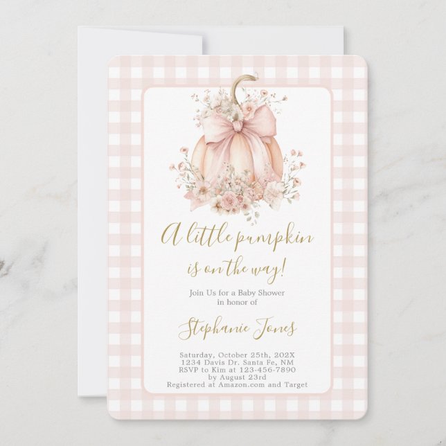 Blush Pink Bow A Little Pumpkin Baby Shower girl Invitation (Front)