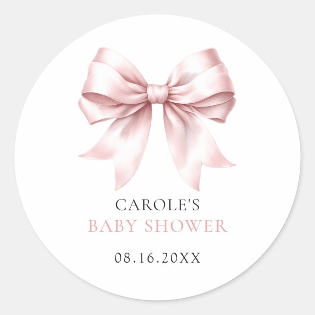 Blush Pink Bow Baby Girl Baby Shower Classic Round Sticker (Front)