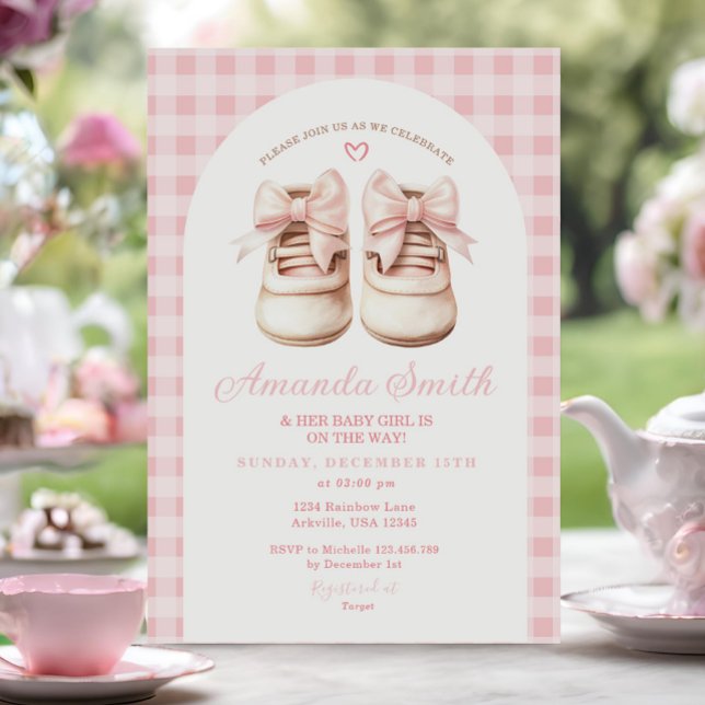 Blush Pink Bow Baby Shoes Gingham Arch Baby Shower Invitation (Creator Uploaded)