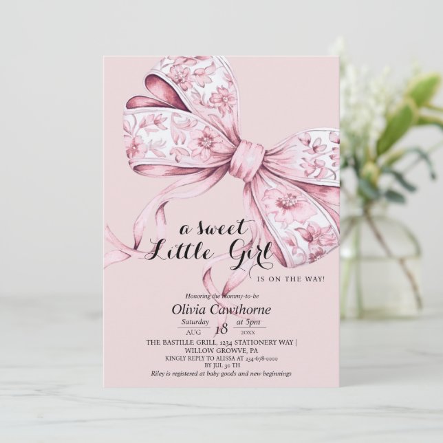 Blush Pink Bow Baby Shower Invitation (Standing Front)
