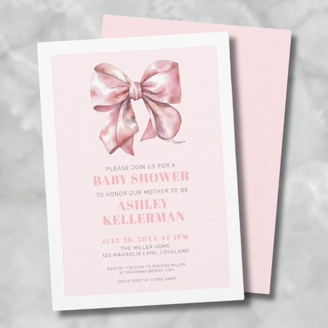 Blush Pink Bow Baby Shower Invitation (Watercolor Pink Bow Baby Shower Invitation)