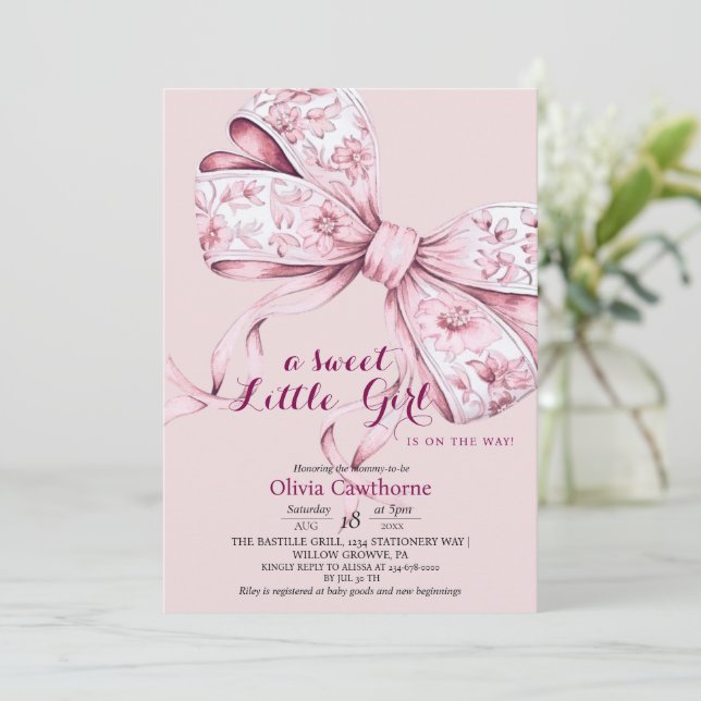 Blush Pink Bow Baby Shower Invitation (Standing Front)