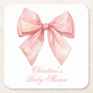 Blush Pink Bow Baby Shower Square Paper Coaster