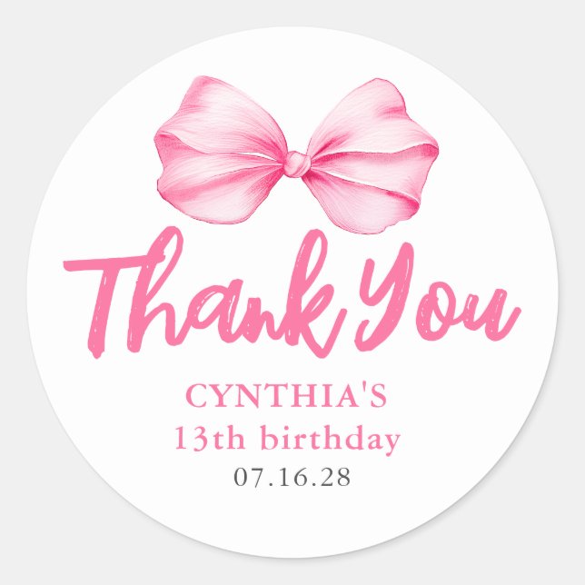 Blush Pink Bow Birthday Favours Thank You  Classic Round Sticker (Front)