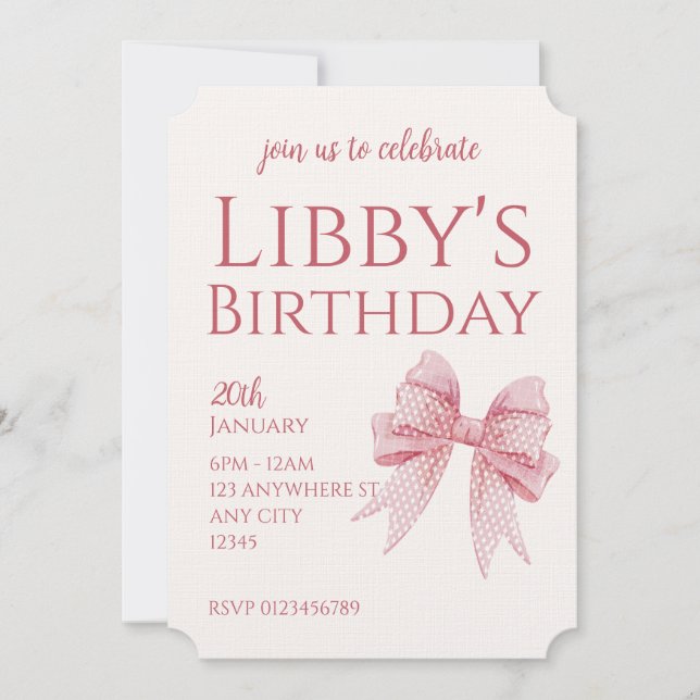 Blush Pink Bow Birthday  Invitation (Front)
