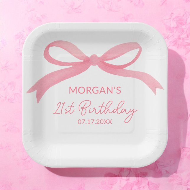 Blush Pink Bow Birthday Party Cute Name Paper Plate (Creator Uploaded)
