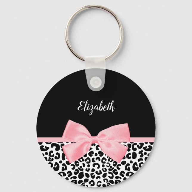 Blush Pink Bow Black White Leopard Print Pattern Key Ring (Front)