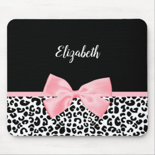 Blush Pink Bow Black White Leopard Print Pattern Mouse Mat