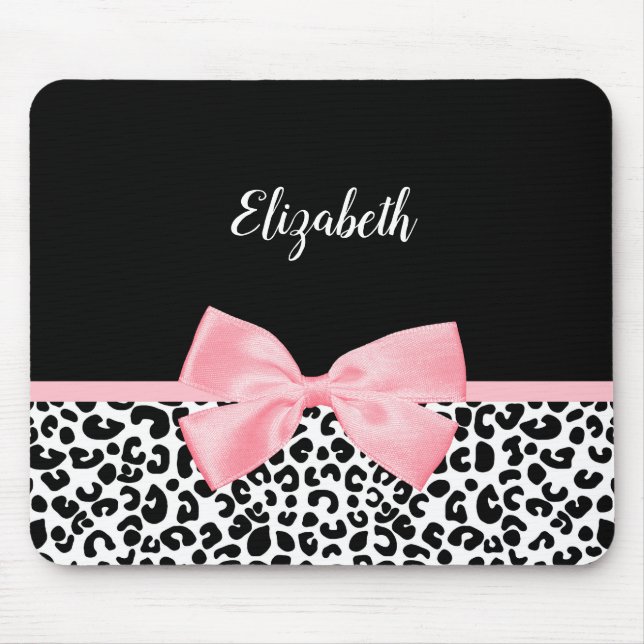 Blush Pink Bow Black White Leopard Print Pattern Mouse Mat (Front)