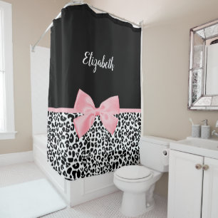 Blush Pink Bow Black White Leopard Print Pattern Shower Curtain