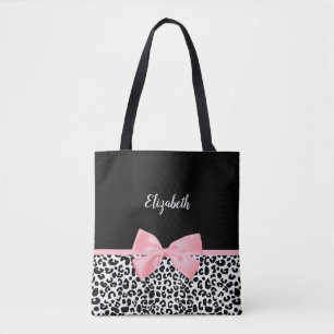 Blush Pink Bow Black White Leopard Print Pattern Tote Bag