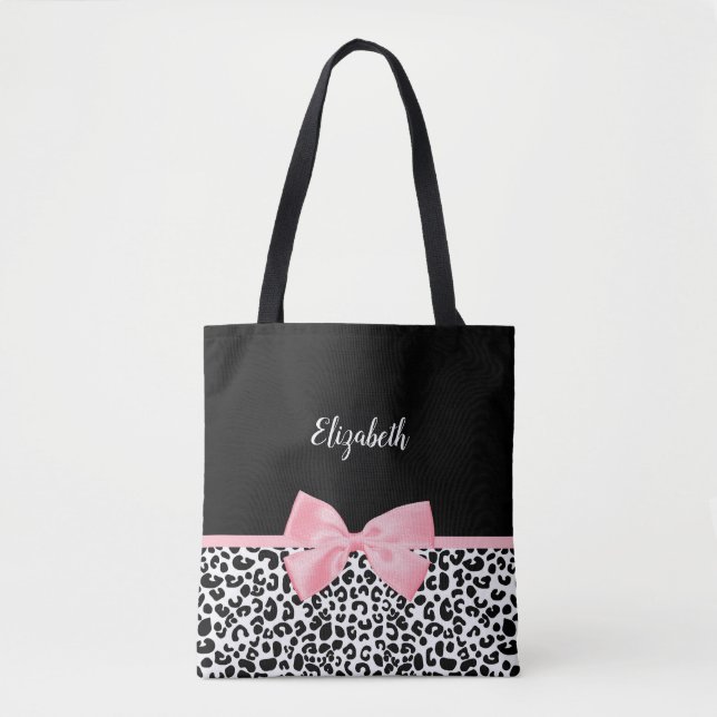 Blush Pink Bow Black White Leopard Print Pattern Tote Bag (Front)