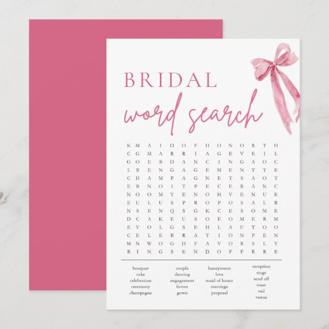 Blush Pink Bow Bridal Shower Word Search Game Invitation (Front/Back)