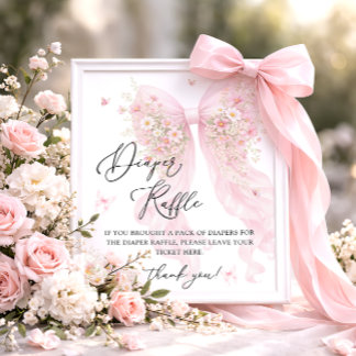 Blush Pink Bow Butterfly Baby Shower Diaper Raffle Poster