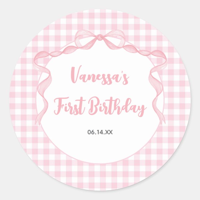 Blush Pink Bow Coquette 1st Birthday Classic Round Sticker (Front)