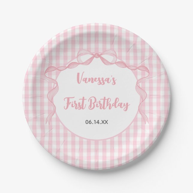 Blush Pink Bow Coquette 1st Birthday Paper Plate (Front)