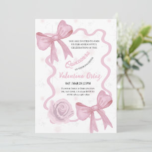 Blush Pink Bow coquette floral Quinceanera Invitation