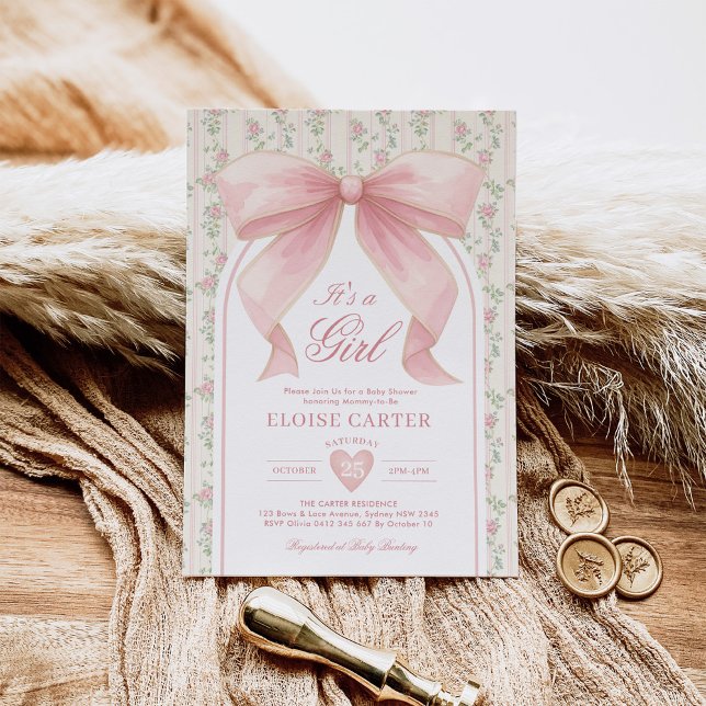 Blush Pink Bow Coquette Girl Baby Shower Invitation (Creator Uploaded)