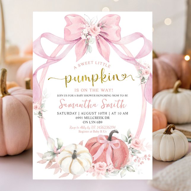 Blush Pink Bow Coquette Pumpkin Girl Baby Shower Invitation (Creator Uploaded)