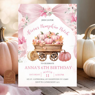 Blush Pink Bow Coquette Pumpkin Patch Birthday Invitation