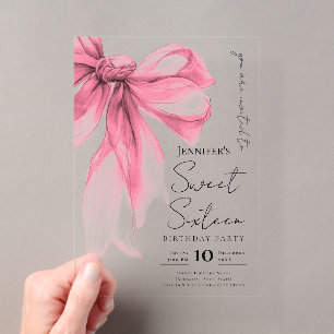 Blush Pink Bow Coquette Script Sweet 16 Party Acrylic Invitations