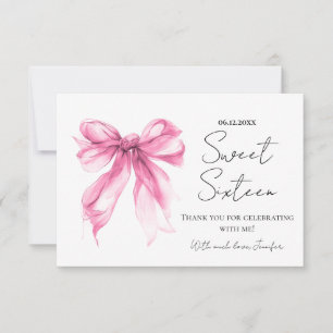 Blush Pink Bow Coquette Script Sweet 16 Thank You Card