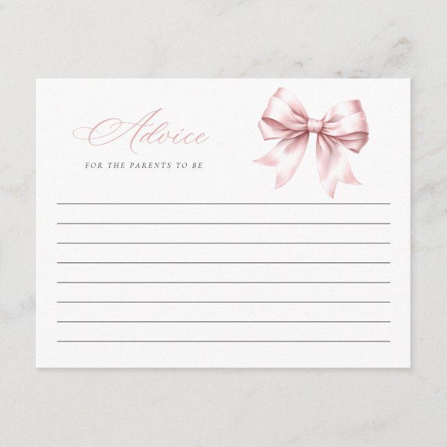 Blush Pink Bow Elegant Baby Shower Advice Card (Front)