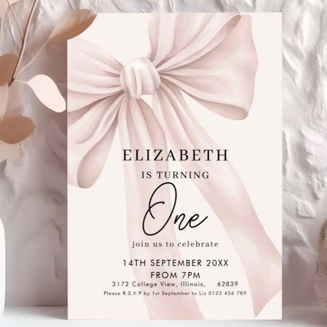 Blush Pink Bow Elegant First Birthday Party  Invitation (Creator Uploaded)