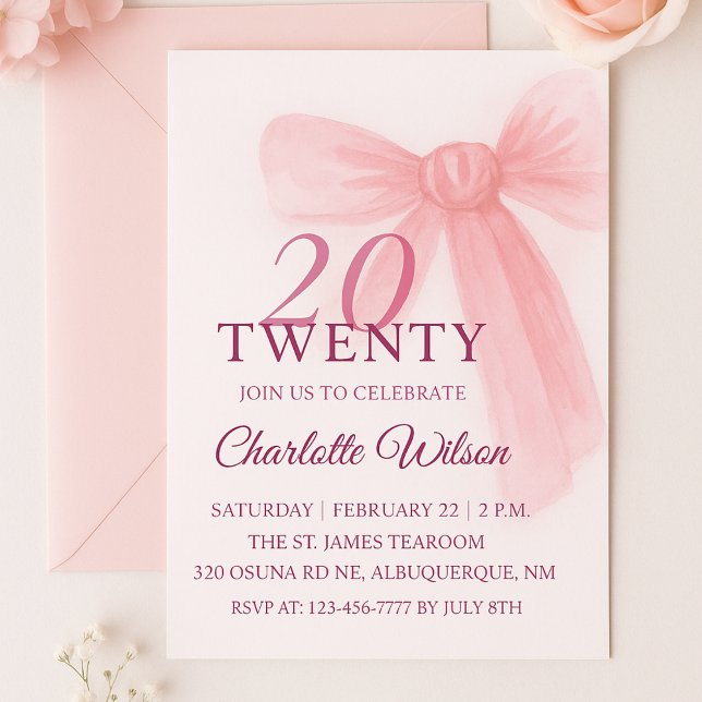 Blush Pink Bow Elegant Twenty 20th Birthday Invitation (Creator Uploaded)