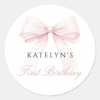 Blush Pink Bow First Birthday Classic Round Sticker