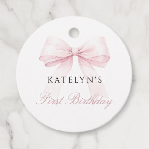 Blush Pink Bow First Birthday Favour Tags