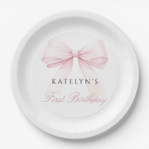 Blush Pink Bow First Birthday Paper Plate