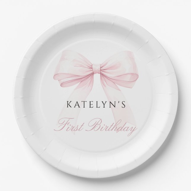 Blush Pink Bow First Birthday Paper Plate (Front)